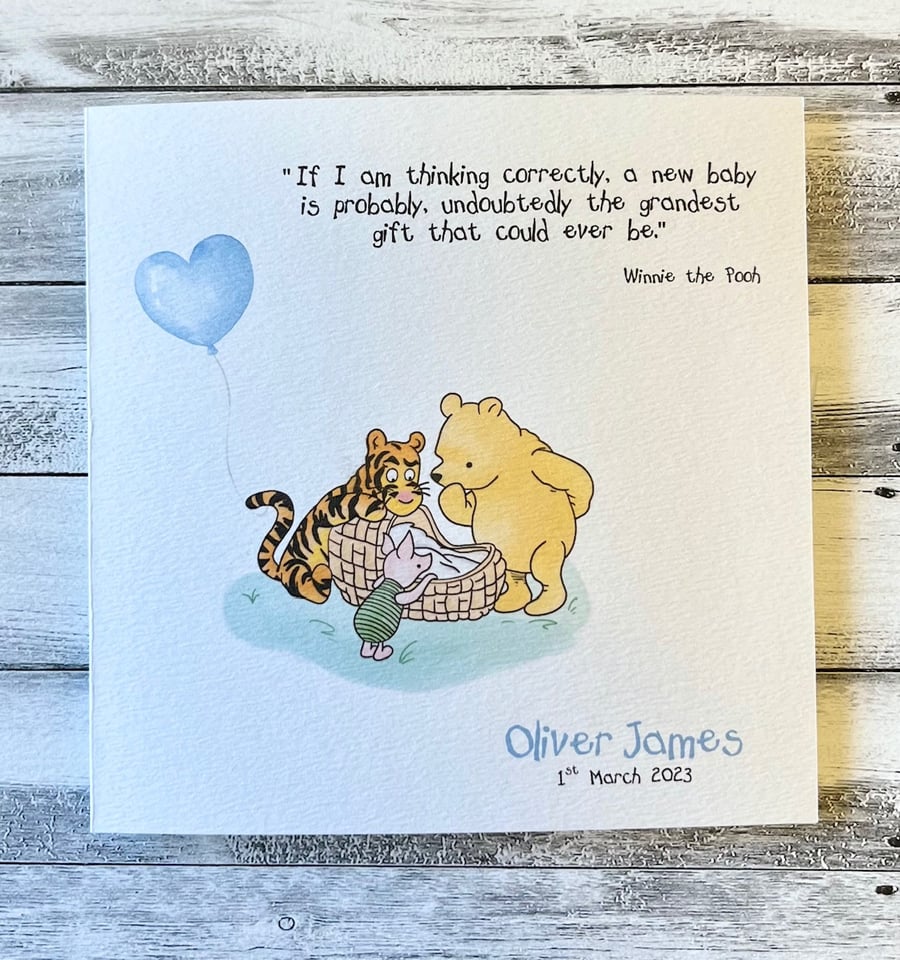 Winnie the Pooh Personalised New Baby Boy Card 