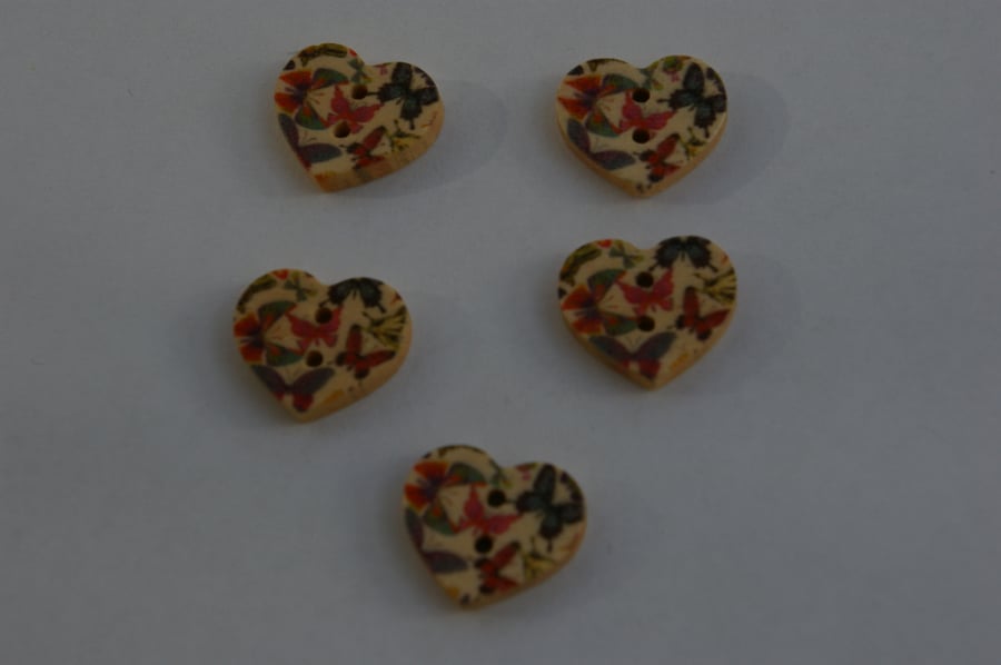 Five wooden heart buttons
