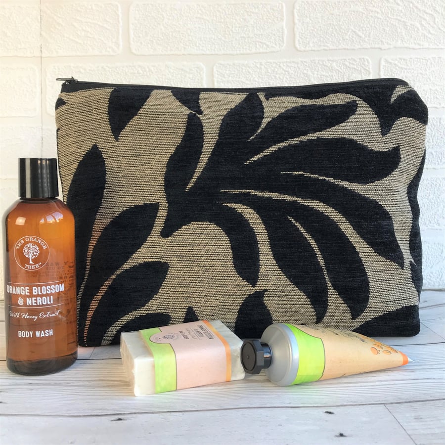 Black and beige textured foliage patterned toiletry bag, wash bag 