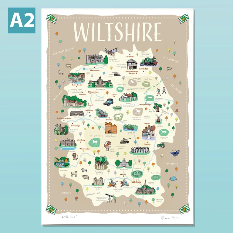 Wiltshire A2 illustrated map poster