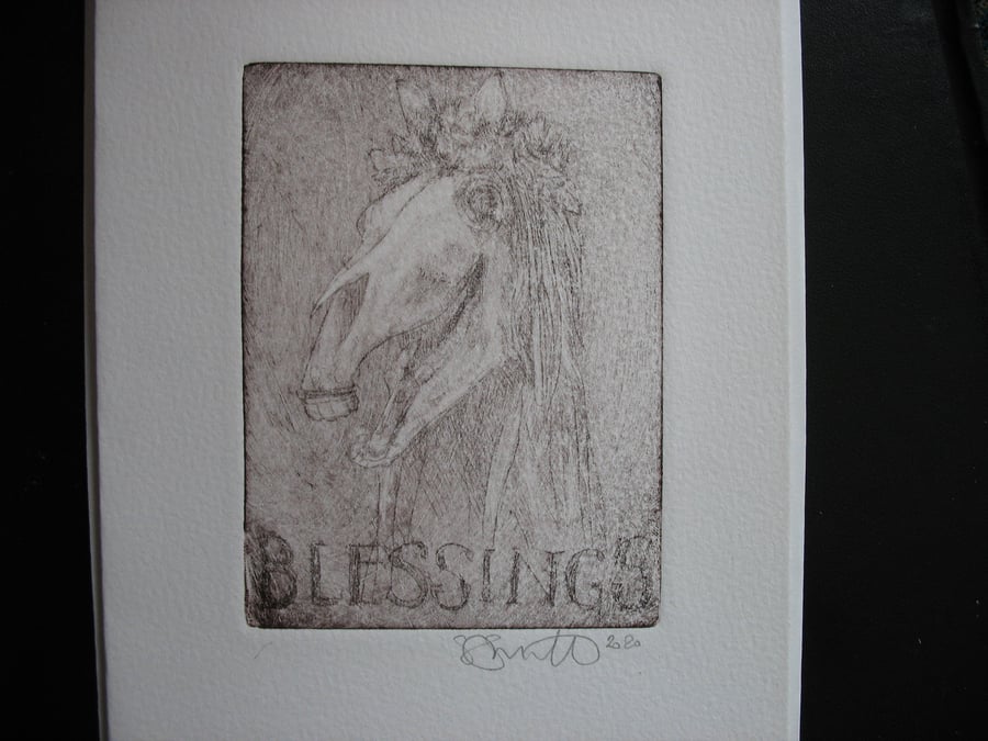 Mari Lwyd blank original etching blessings greetings card