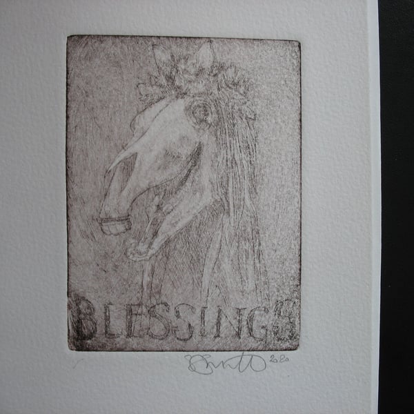 Mari Lwyd blank original etching blessings greetings card