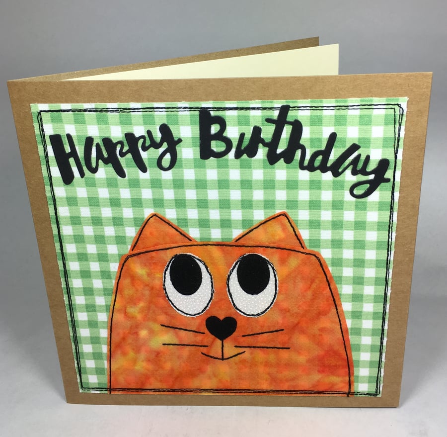 Happy Birthday Cat Fabric Greeting Card