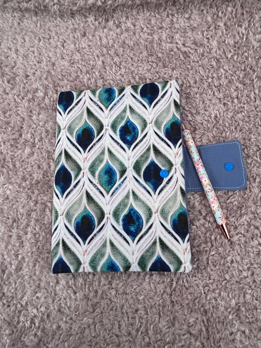 Cotton-Covered A5 Notebook with Pen - peacock feather print