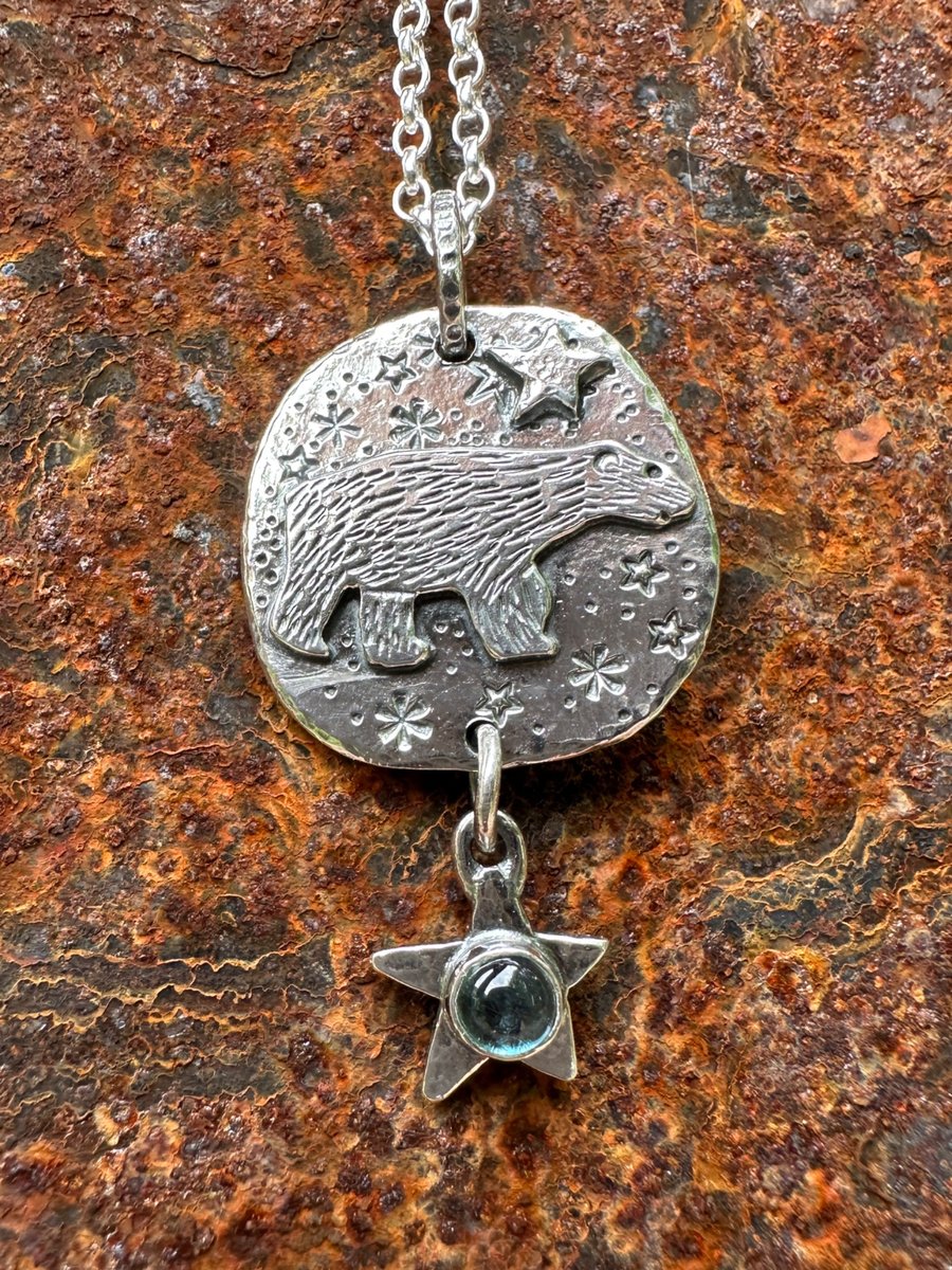 Polar Bear Pendant with Blue Topaz Cabochon