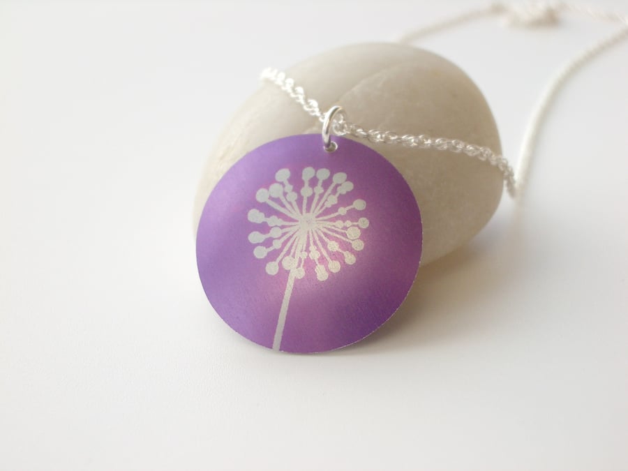 Dandelion necklace pendant in purple