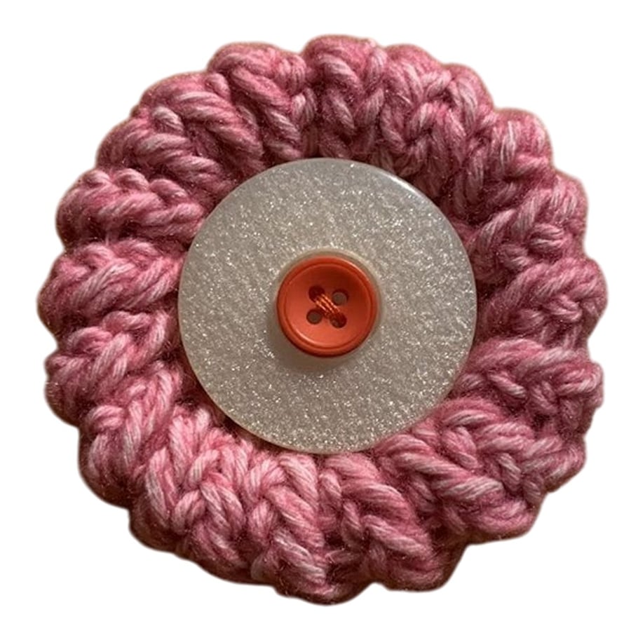 Handmade Knitted Brooch Lapel Pin Badge REPURPOSED upcycled Buttons Pink Pearly