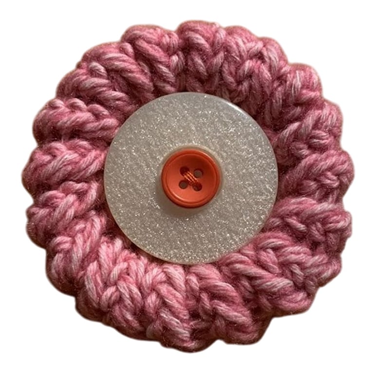 Handmade Knitted Brooch Lapel Pin Badge REPURPOSED upcycled Buttons Pink Pearly