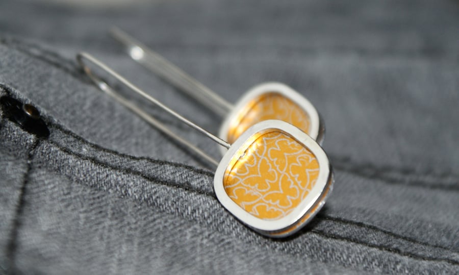 Yellow butterfly square earrings - sterling silver