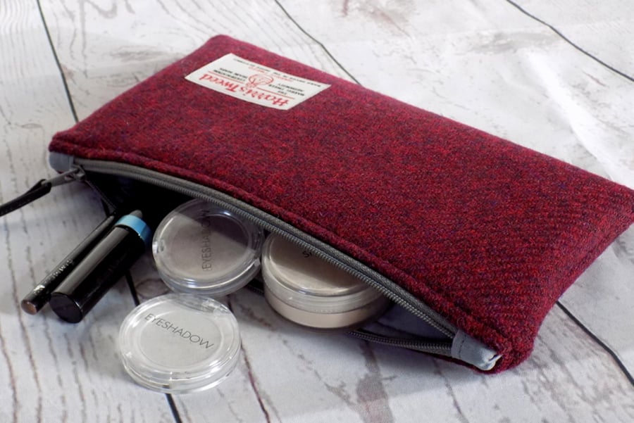 Harris Tweed clutch purse, pencil case, make-up bag in deep burgundy red