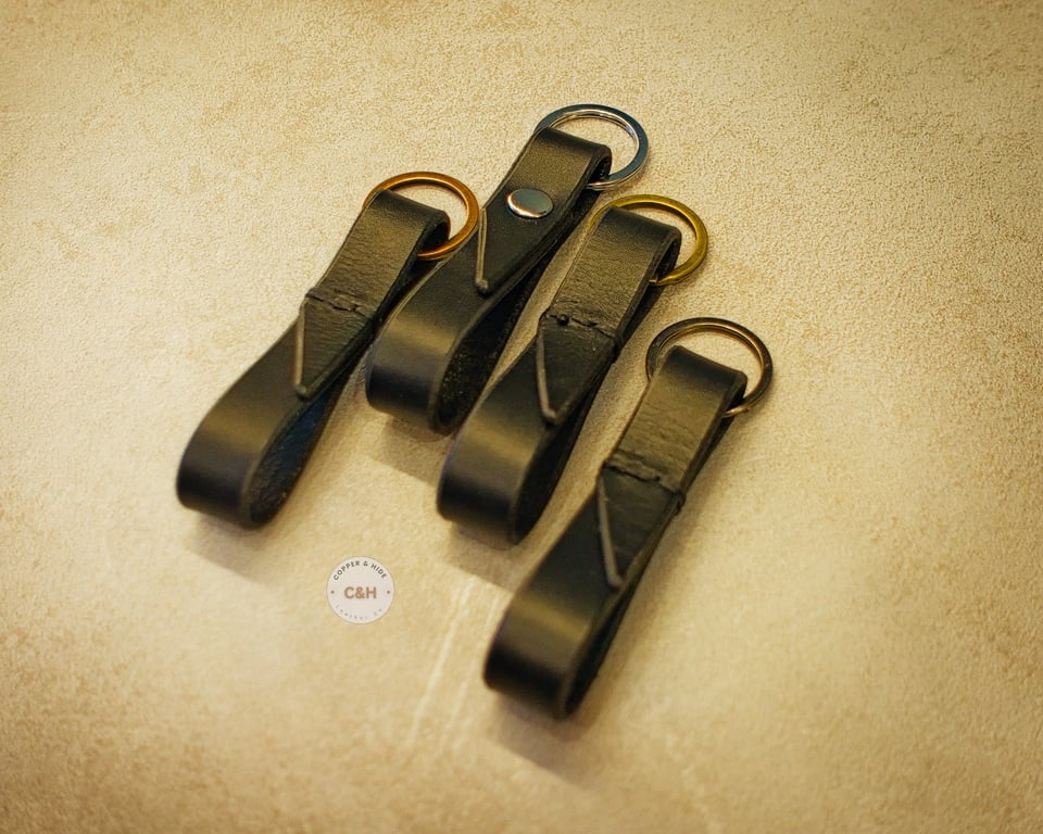 Handmade Full Grain Leather Loop Key Fob - Minimalist Black Keyring