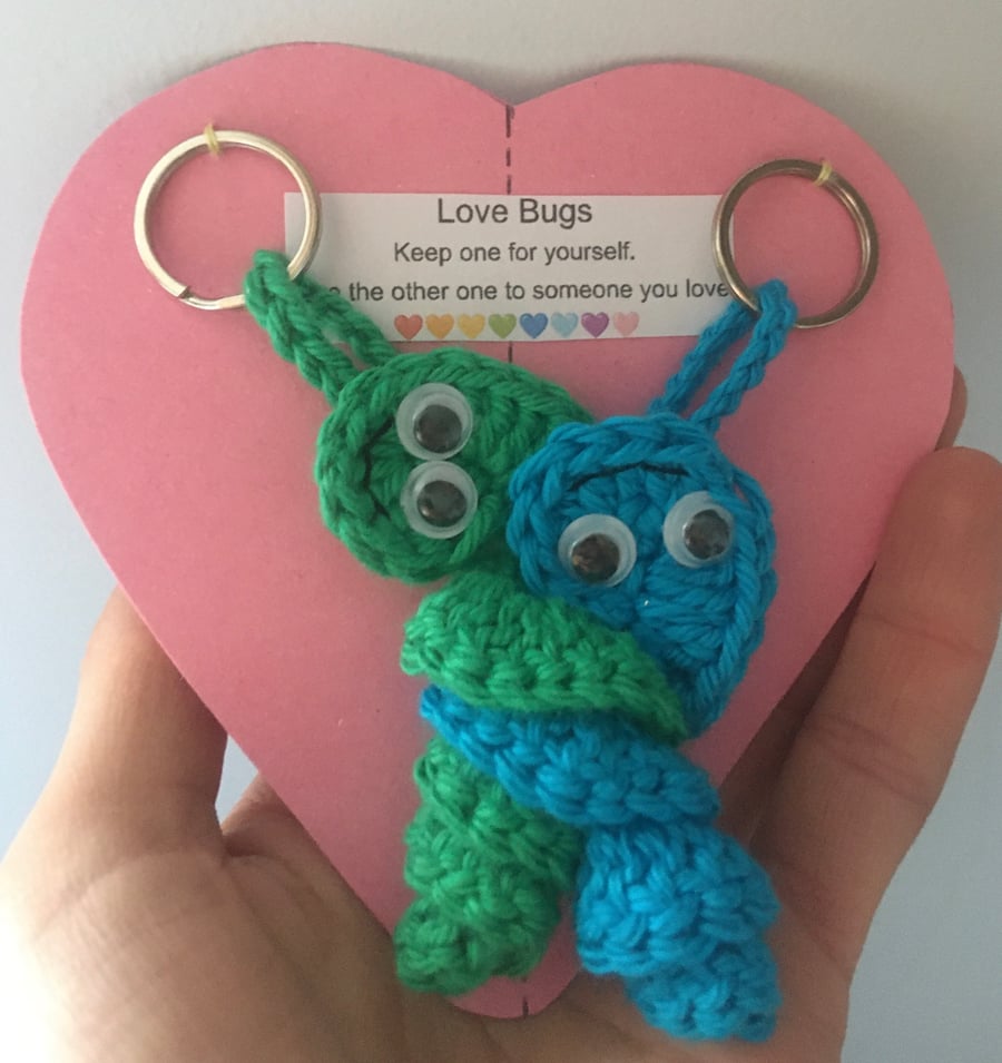 Crochet Love Bug Keyring - Light Blue And Green - Valentines Gift