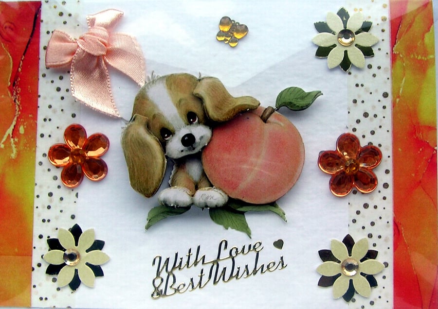 Cute Puppy Dog - Hand Crafted Decoupage Greeting Card - With Love 2802