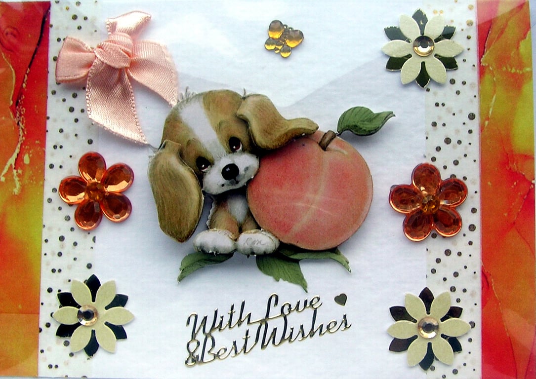 Cute Puppy Dog - Hand Crafted Decoupage Greeting Card - With Love 2802