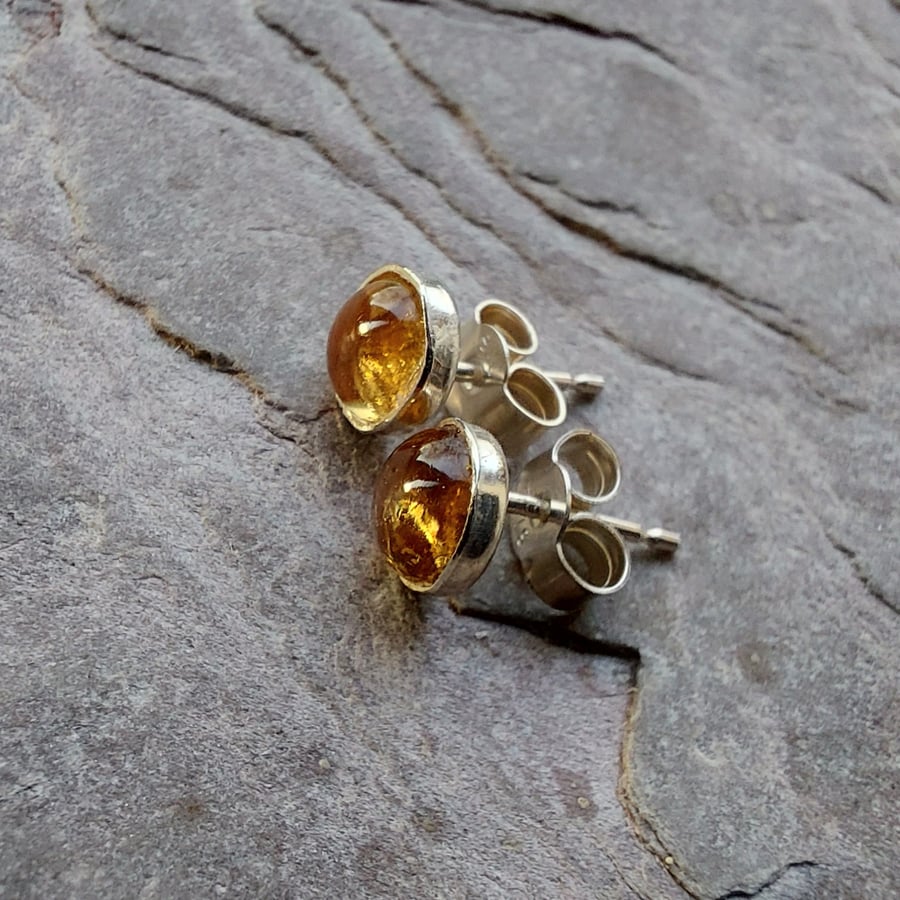 Sterling silver stud earrings with yellow citrine gemstone,  November birthstone