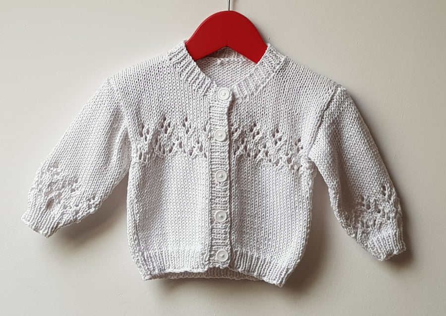 Hand Knitted White Cotton Baby Cardigan 18" 3-6 months