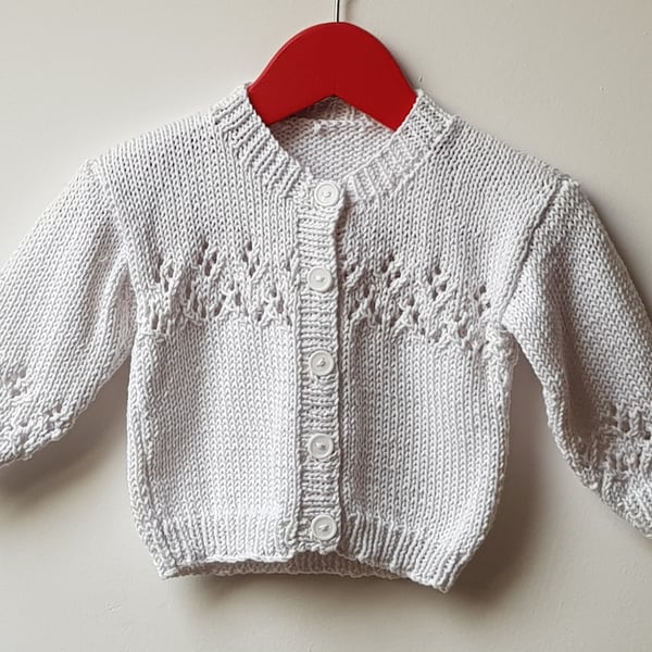 Hand Knitted White Cotton Baby Cardigan 18" 3-6 months