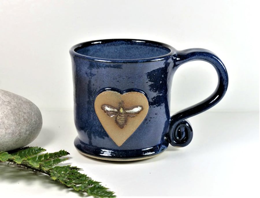 Lovely Blue Bee Mug - Handmade Wheelthrown Stoneware Pottery