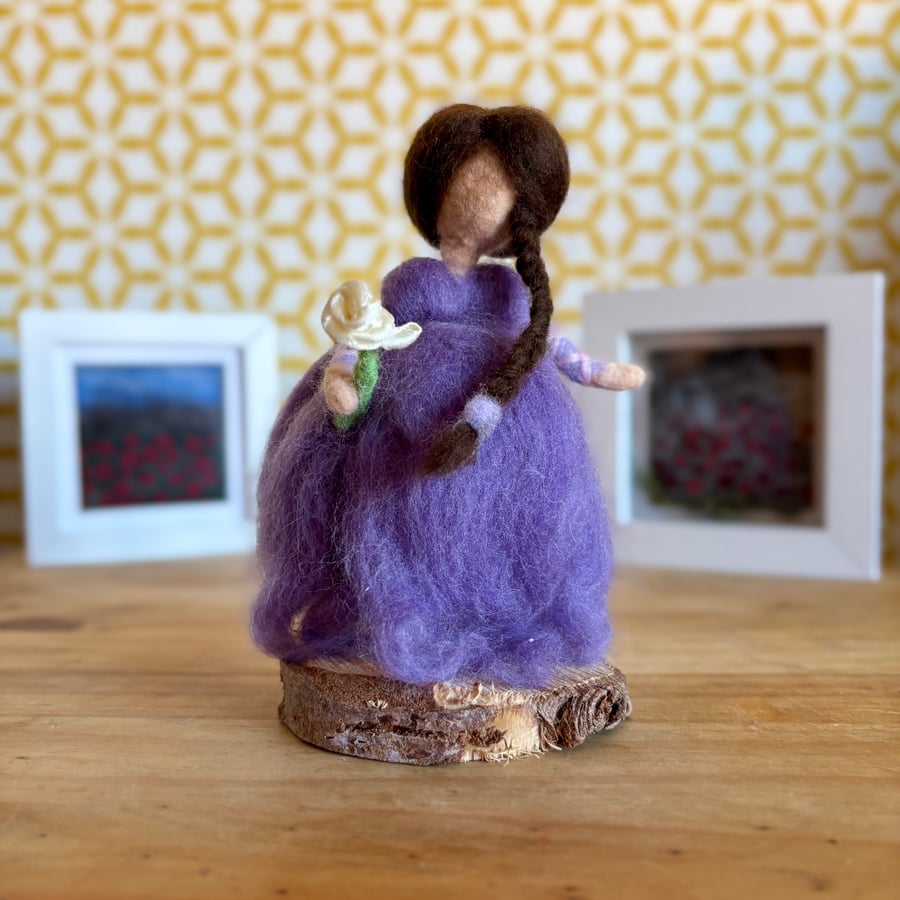 'Evie' A Needle felted figurine ornament dressed t in purple