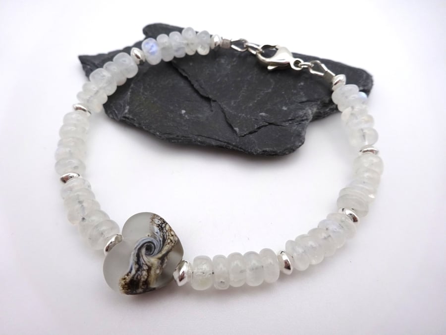 lampwork glass heart and moonstone gemstone bracelet