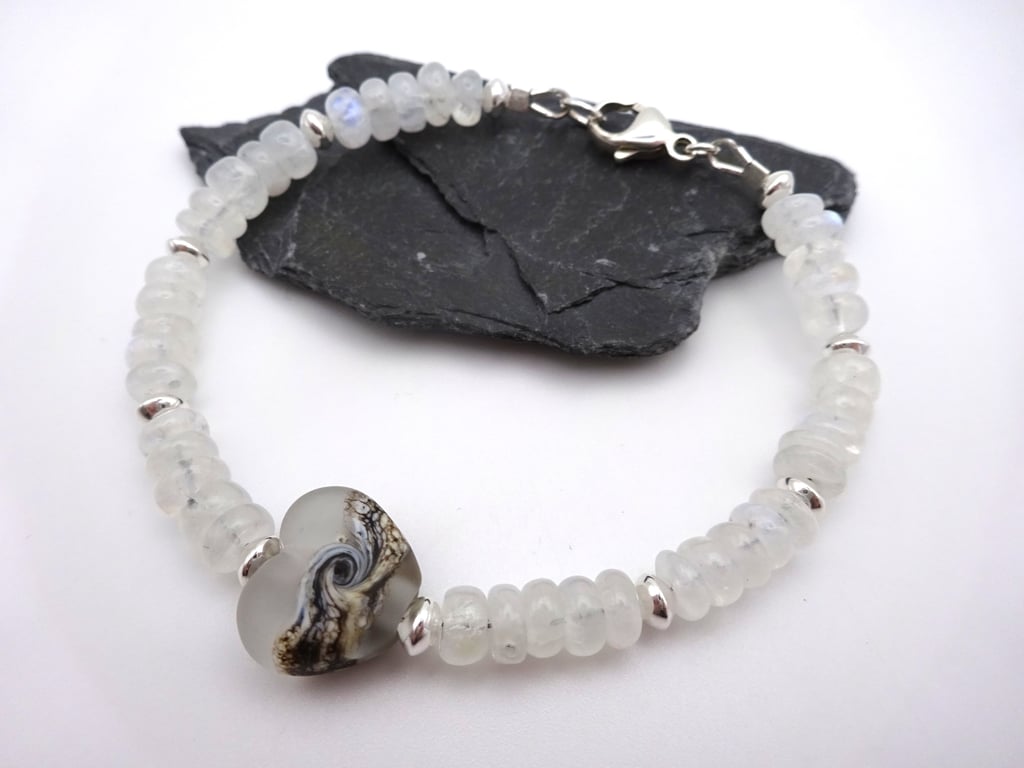 lampwork glass heart and moonstone gemstone bracelet