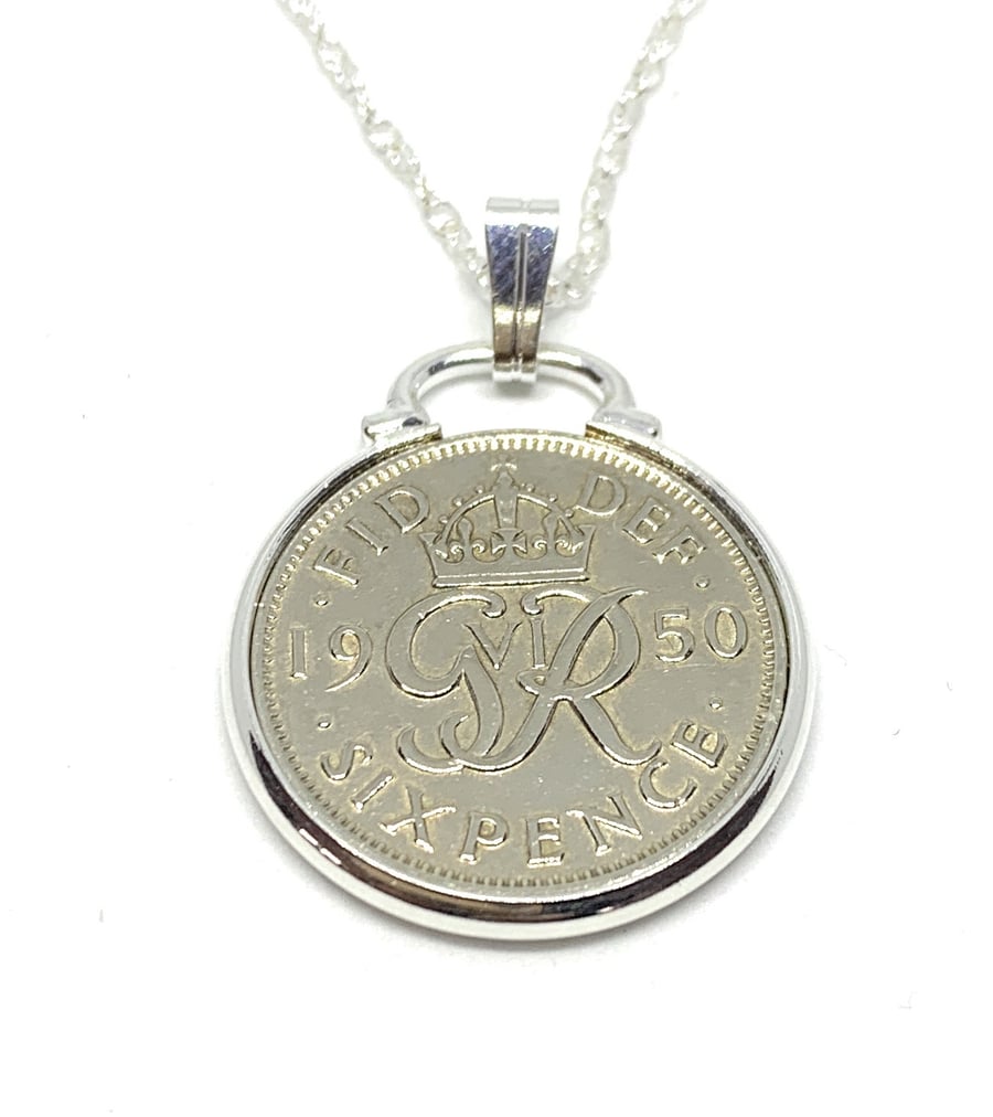 1950 70th Birthday Anniversary sixpence coin pendant plus 18inch SS chain gift 6