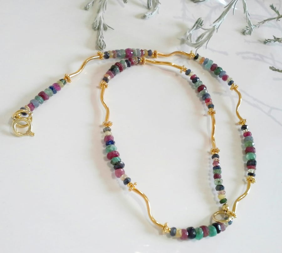 Genuine Unique Ruby, Emerald & Sapphire  Gold Vermeil Necklace