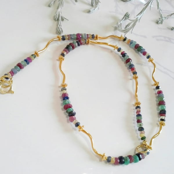 Genuine Unique Ruby, Emerald & Sapphire  Gold Vermeil Necklace