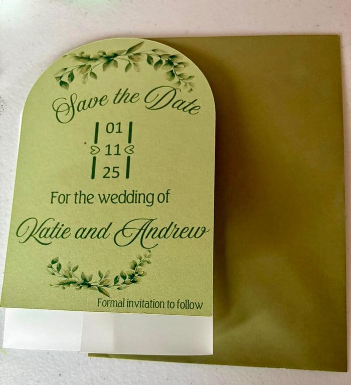  Sage Green Arch Save the Date Card – Personalised Wedding Announcement