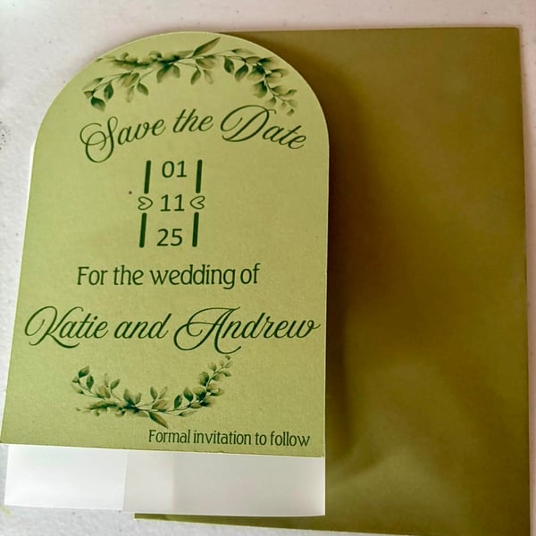  Sage Green Arch Save the Date Card – Personalised Wedding Announcement