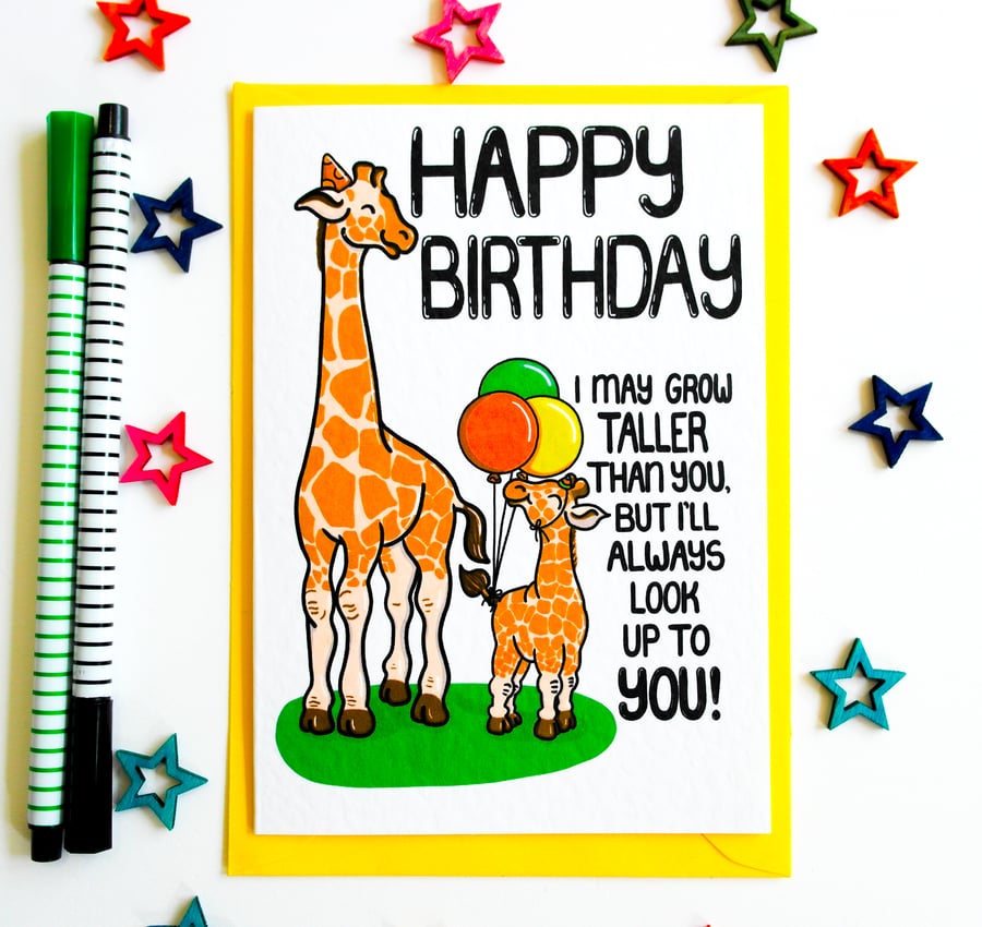 Cute Giraffe Birthday Card From a Child to Mum Dad Sibling Uncle Aunt