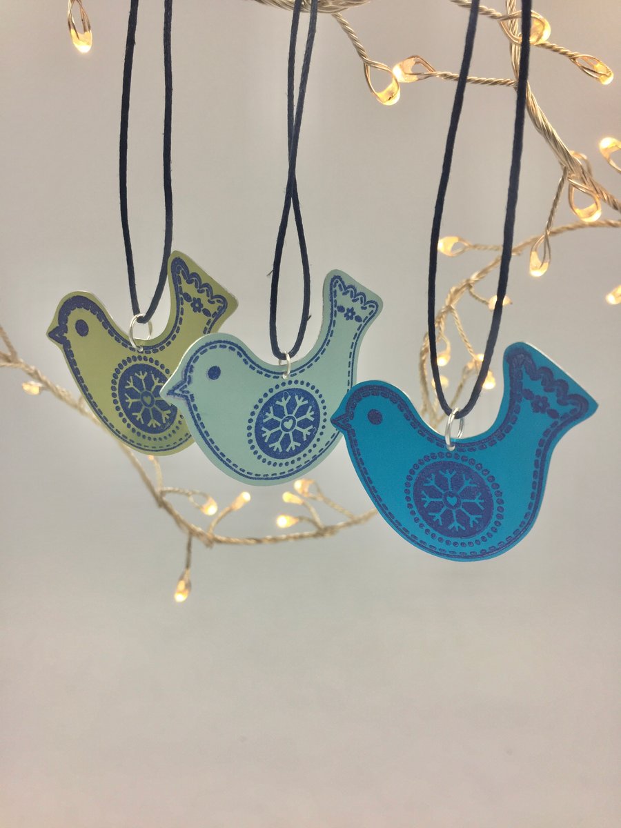 Set of 3 folk art bird Christmas decorations 