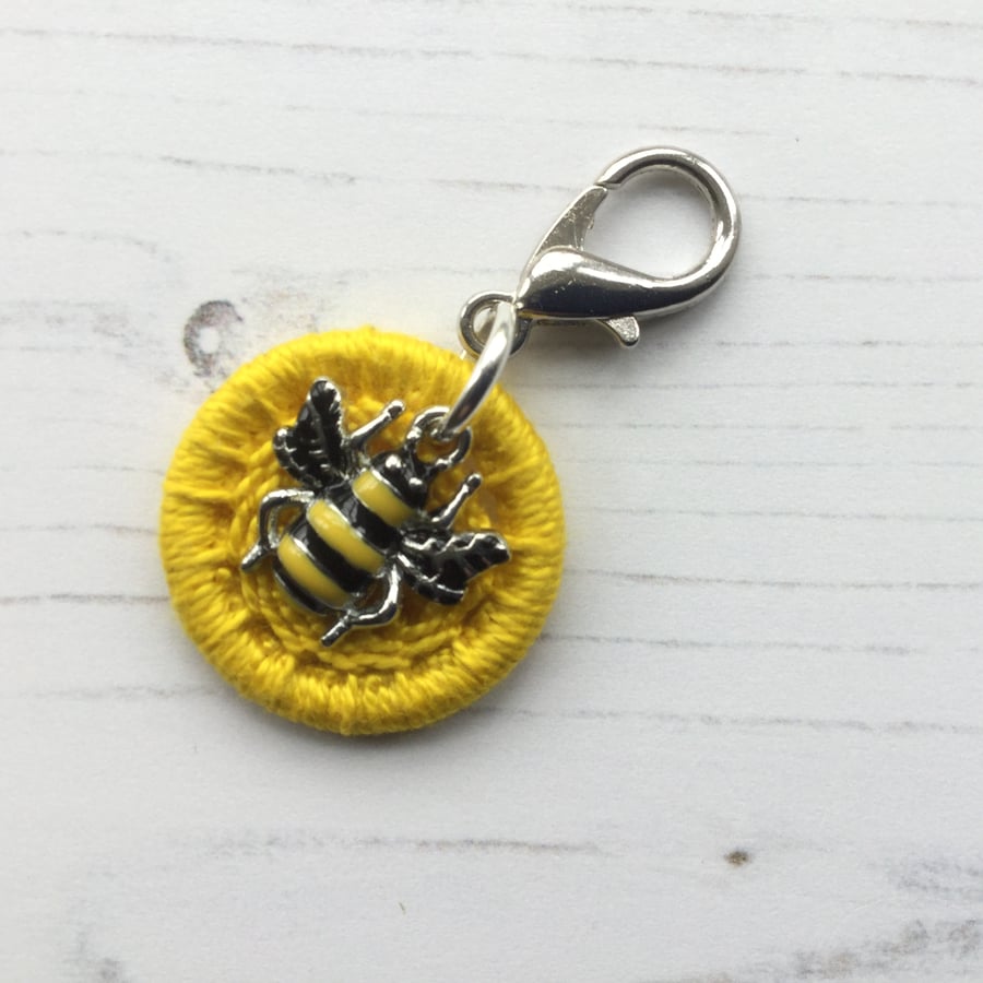 Bag Charm with a Sunshine Yellow Dorset Button and Bumble Bee