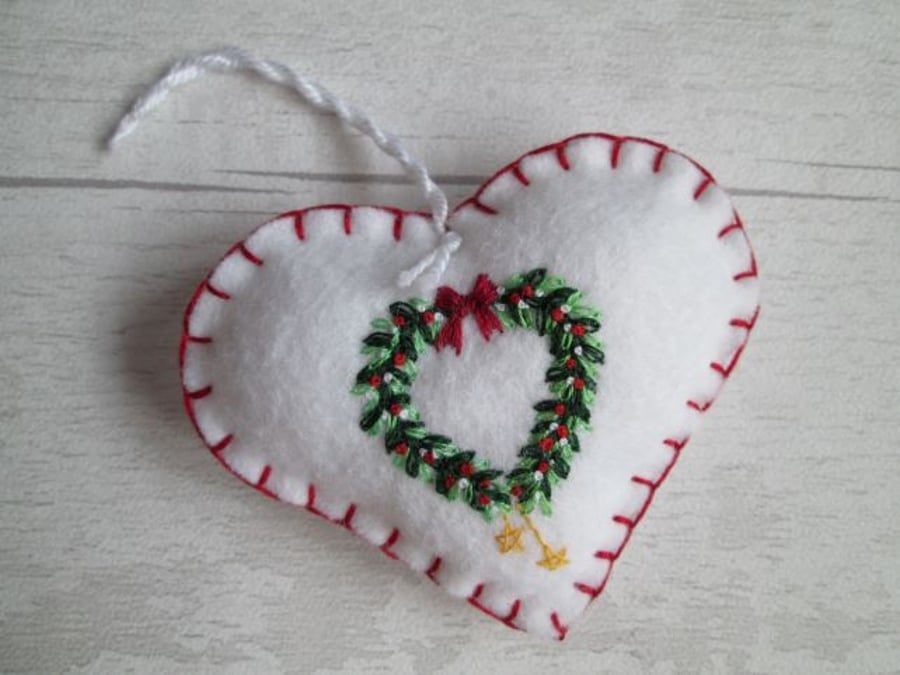 SOLD - Hand Embroidered Holly and Mistletoe Wreath Felt Christmas Decoration