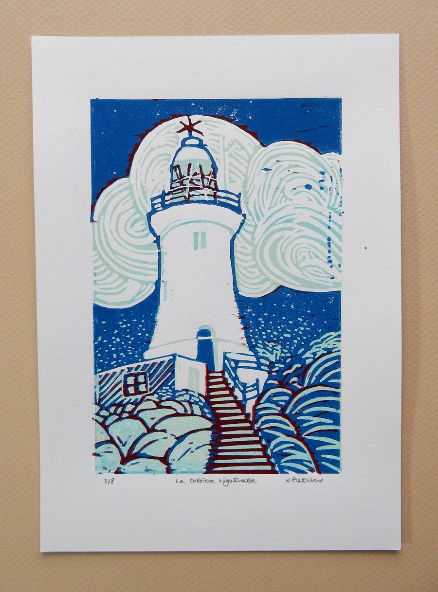 La Corbiere Lighthouse Reduction Linocut Print Limited Edition 3 of 8
