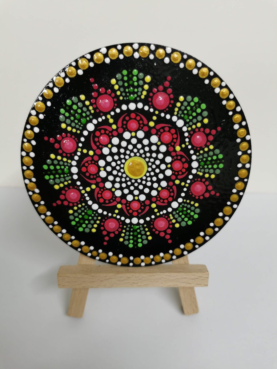 Hand painted pink and gold mandala coaster