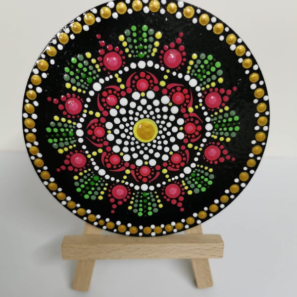 Hand painted pink and gold mandala coaster