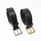 1.5" wide black leather belt; Italian leather; choice of antique finish buckle