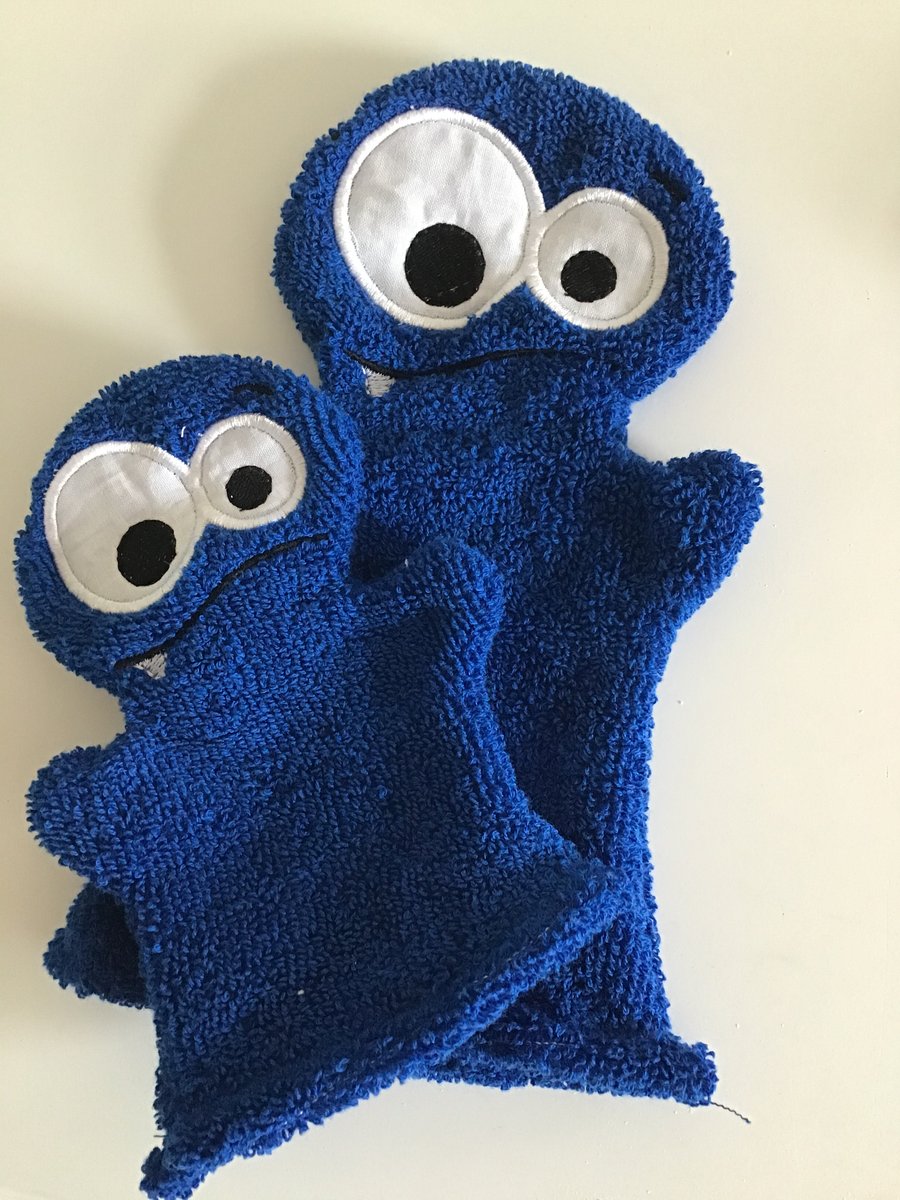Monster puppet, wash cloth, bath mitt, blue.set of 2.