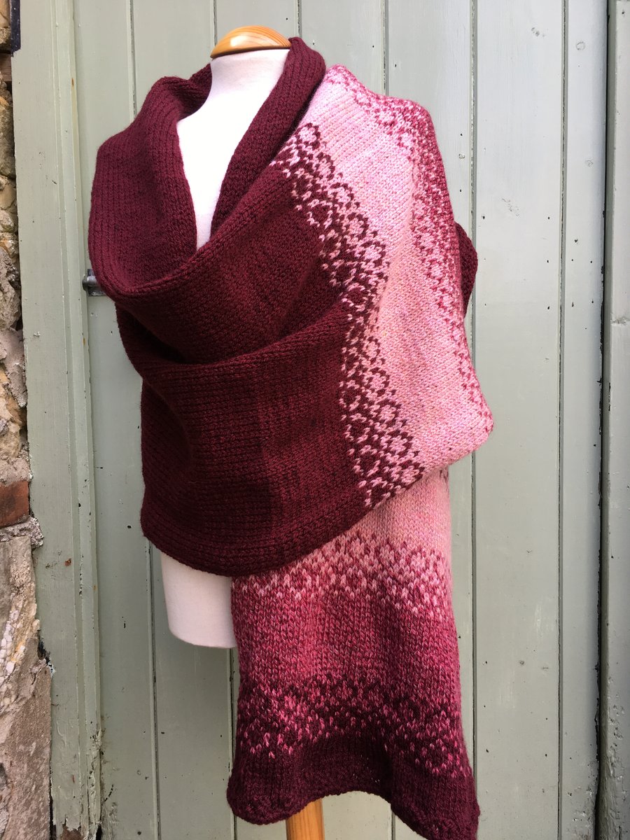 SALE Hand knitted generous in size pink and maroon warm soft woollen shawl