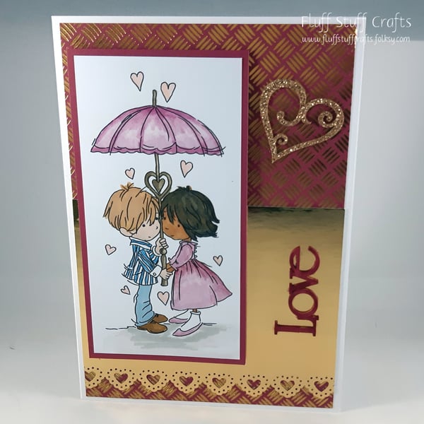 Handmade anniversary or engagement card - couple under umbrella