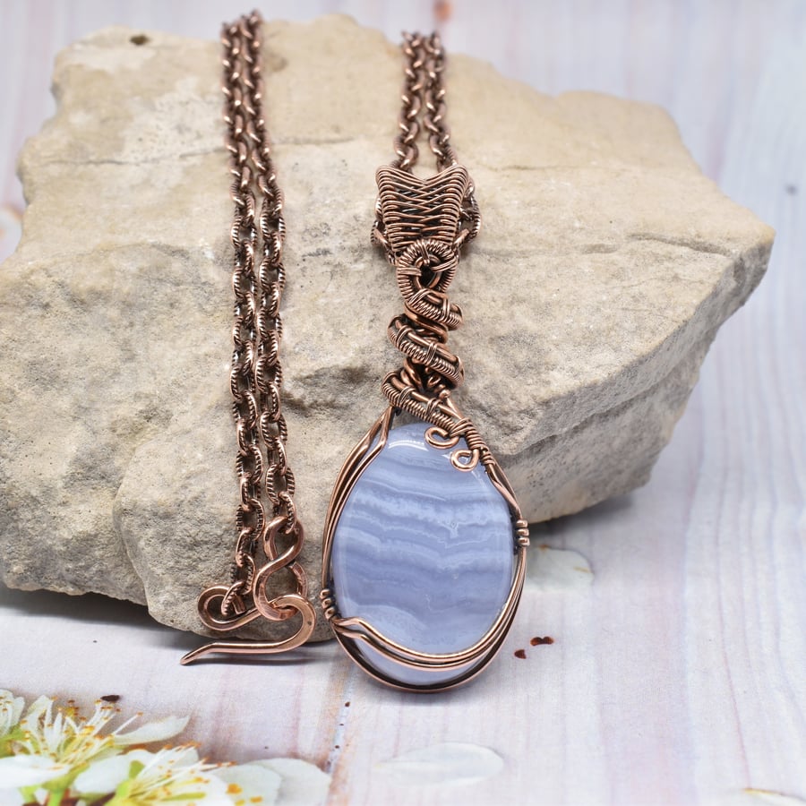 Wire Wrapped Blue Lace Agate and Copper Pendant