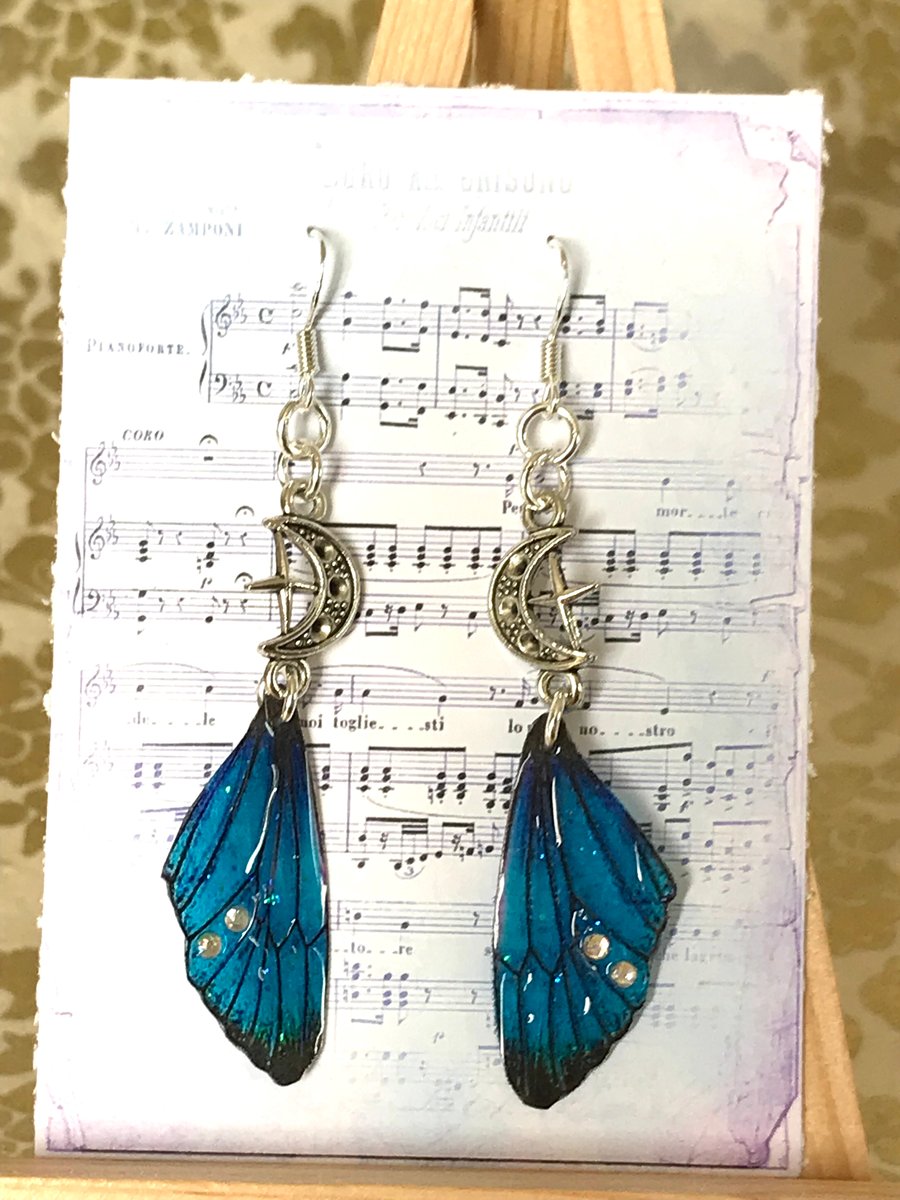 RESERVED FOR RACHAEL Blue Rhinestone Fairy Wing Earrings Sterling Silver