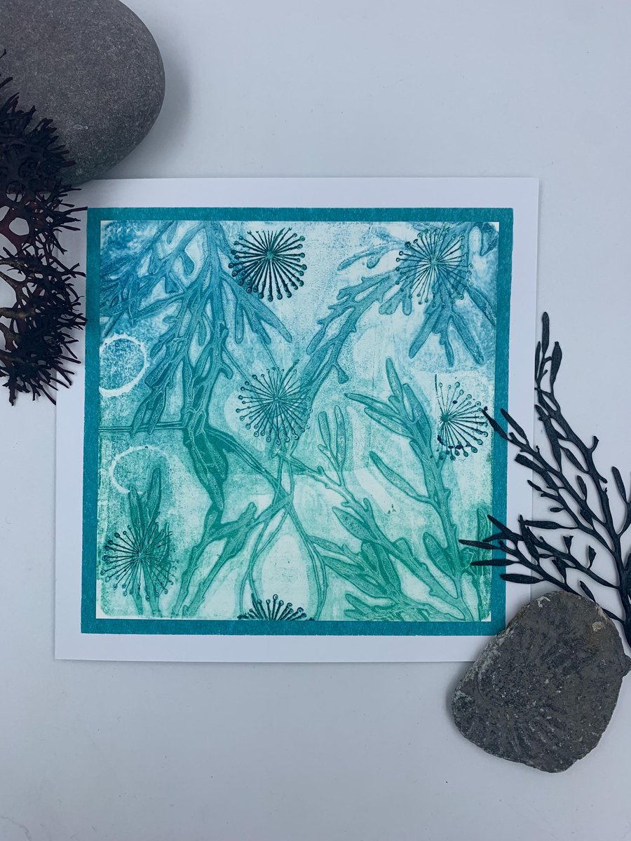 Original gelli print seaweed greetings card.
