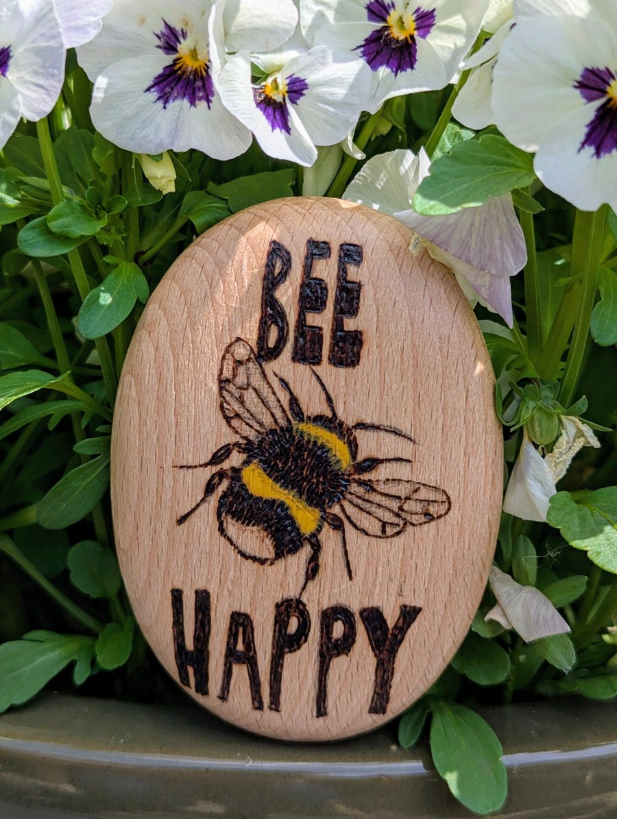 Bee happy pyrography wooden pebble decoration, gift for a bee lover