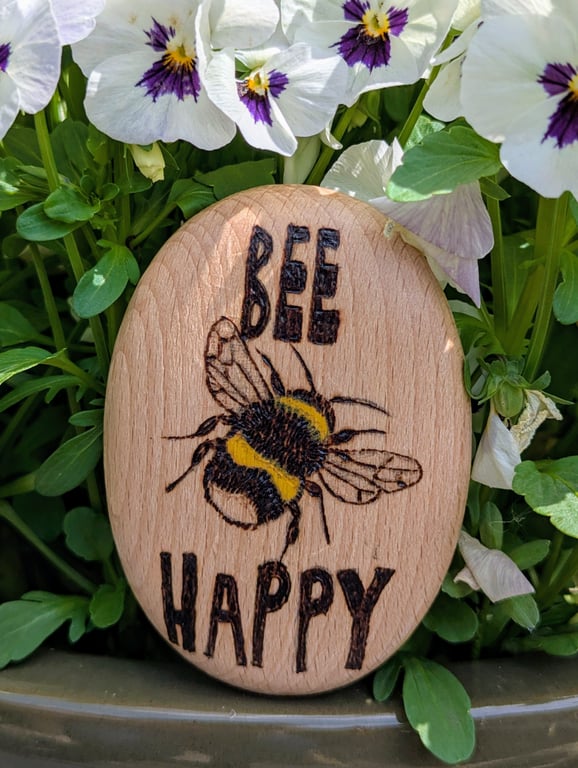 Bee happy pyrography wooden pebble decoration, gift for a bee lover