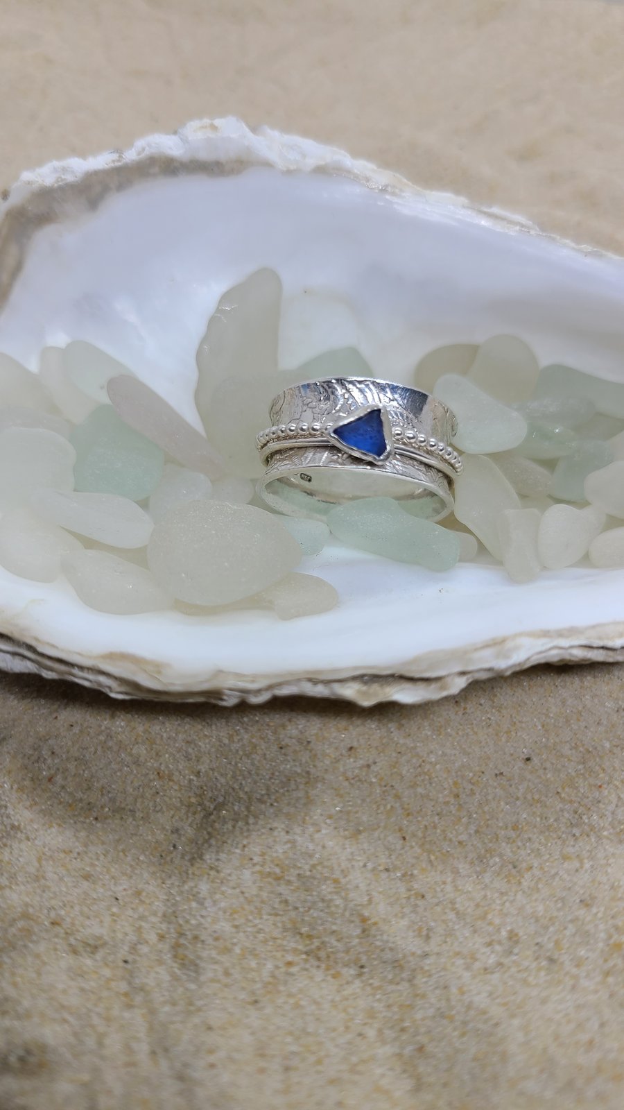 Cobalt blue sea glass and silver spinner ring SR6