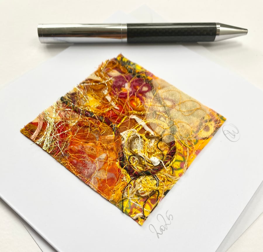 Abstract textile embroidered art card. Handmade from up-cycled fabric.