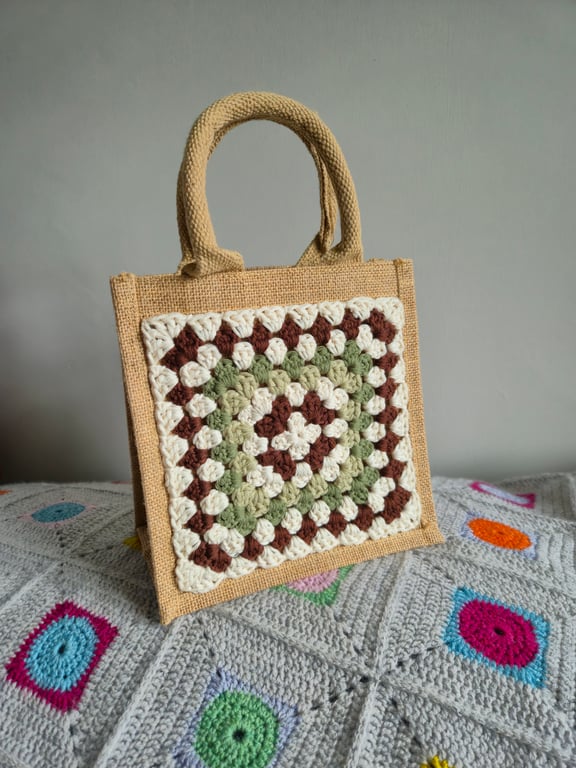 Small Crocheted Granny Square Jute Bag,  Lunch Bag, Gift Bag, Project Bag