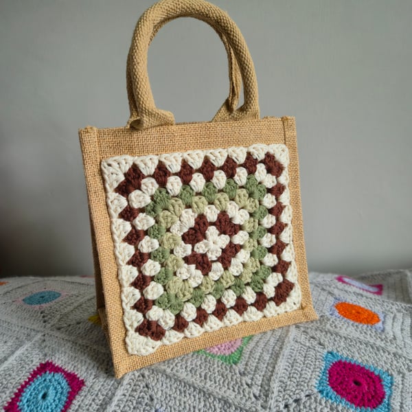 Small Crocheted Granny Square Jute Bag,  Lunch Bag, Gift Bag, Project Bag